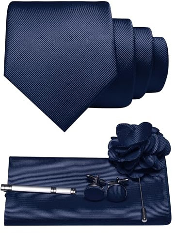 JEMYGINS Herren Krawatte aus Twill mit einfarbigem Design inklusive Pocket Square Manschettenknöpfen Krawattenklemme und Blütenbrosche Geschenkset für Partys Business Hochzeiten Marineblau