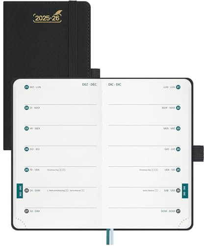 BEZEND 18-Monate Taschenkalender 2025 2026 klein (Juli 25-Dez 26), Kalender 25/26 Wochenplaner A6 1 Woche 2 Seiten mit 2 Spalten, Terminplaner 25/26 Hardcover, Schwarz
