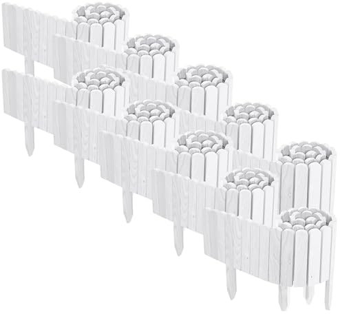 Floranica 20 m Beeteinfassung Flexibler Holzzaun 10 St. 2 m x 20 cm Weiß Steckzaun aus Kiefernholz Rasenkante Teichzaun Rollboard 10 tlg Erweiterbares Zaunset für Garten
