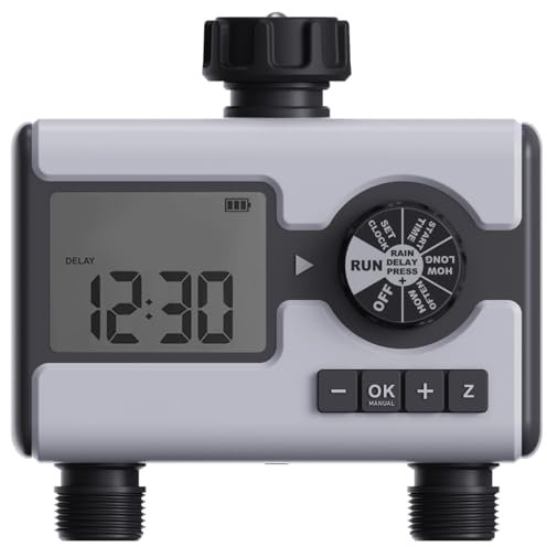 Aqualin Temporizador de Agua programable Digital para jardín, Sistema de riego de 2 Salidas, Controlador de retardo de Lluvia, riego Manual, Temporizador automático de Manguera para Patio