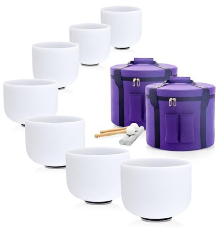 HYE-EUN 432Hz 7-12 Crystal Singing Bowls Set of 7pcs Frosted Quartz with 2 Carrying Cases Meditation Sound Bath