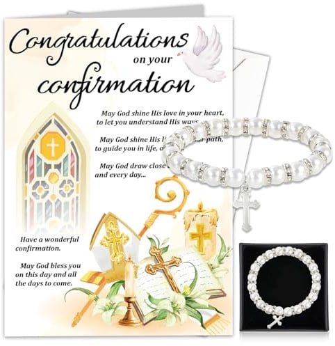 HOWAF Confirmation Card Congratulations Card & Pearl Cross Bracelet, Gift Box, Confirmation Gifts for Girl, Daughter, Granddaughter, Niece