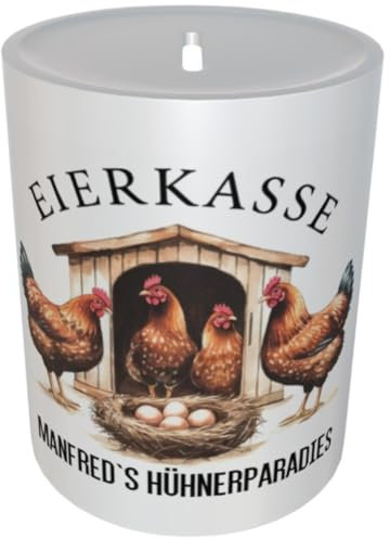 Eierkasse Spardose für Hühnerhalter Sparbüchse fürs Eiergeld (Hühnerparadies mit Namen)