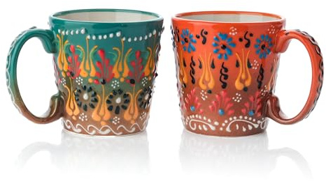 EVANILIFE Ceramic Mugs, 8 Oz Coffee Mugs Set of 2, Handmade Coffee Mugs, Ceramic Coffee Cups, Colorful Coffee Cups, Microwave & Dishwasher Safe Coffee Mug (Moss Green & Orange)