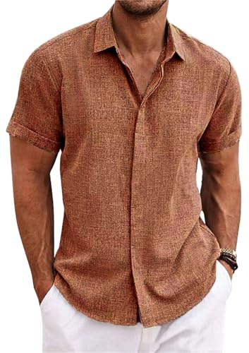 PADOLA Chemise Lin Homme Manches Courtes Boutonnée Chemisette Homme Chemises d'été Unie Chemise de Plage en Coton Coupe Régulière Tee Shirt Décontracté Chemiser (4 Marron, L)