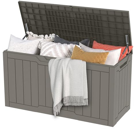 DWVO Gartenbox Auflagenbox Aufbewahrungsbox Garten Kissenbox Outdoor Gartentruhe |Wasserdicht Gasdruckfeder|380 Liter 115x55x58.3cm|Für Sitzauflagen Gartengeräte & Kinderspielzeug|Hellbraun