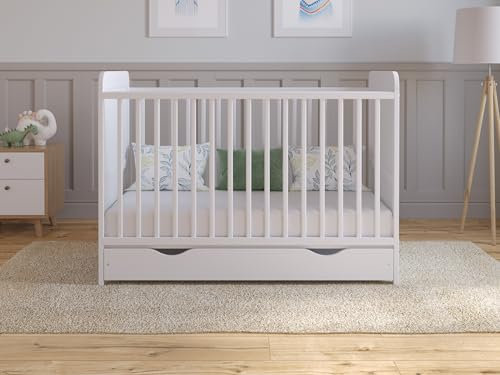 Cuna de Madera para bebé 120x60 cm con cajón Blanco – Convertible en Cama Infantil – Altura Ajustable – Cuna evolutiva para recién Nacido y niño pequeño