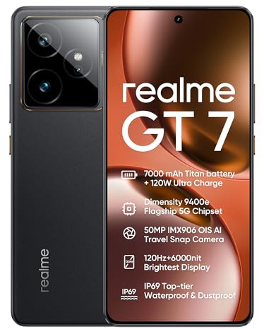 realme GT7 smartphone 12+512 GB, Processore Dimensity 9400e, Batteria titanica da 7.000 mAh, Ricarica ultra da 120 W, Display Pro-Esports da 6.000 nit, 8T LTPO, IP69, Black