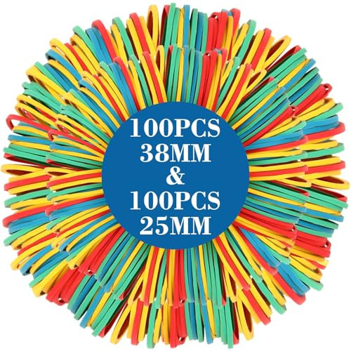 200Pcs Elastic Rubber Bands,100Pcs 38 mm and 100Pcs 25 mm Colored Bands Heavy Duty Strong Elastic Bands School Home Office Supplies for Tie Hair Pens Paper Crafts Supplies