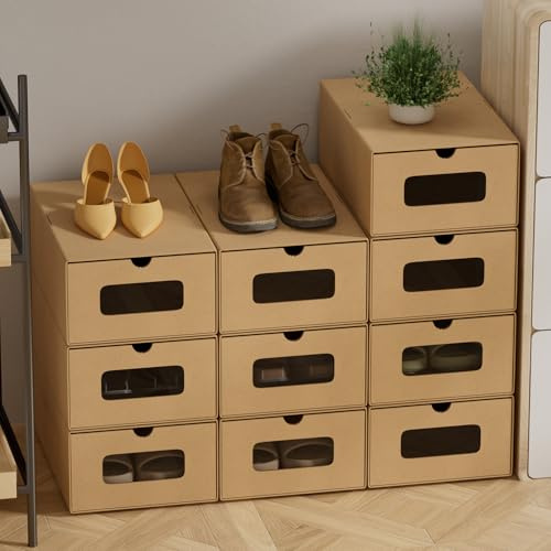 Peviasot 35×23×13 cm - 20x Schuhaufbewahrung Reinbraun mit Sichtfenster – Faltbare Schuhbox aus Kraftpapier, Stapelbar, Schuhkarton Schublade Aufbewahrungsbox Pappe für bis Größe 45