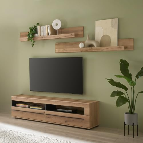 Lomadox Wohnwand Wohnzimmer-Set 3-teilig in Eiche mit Lowboard und 2 Wandregalen
