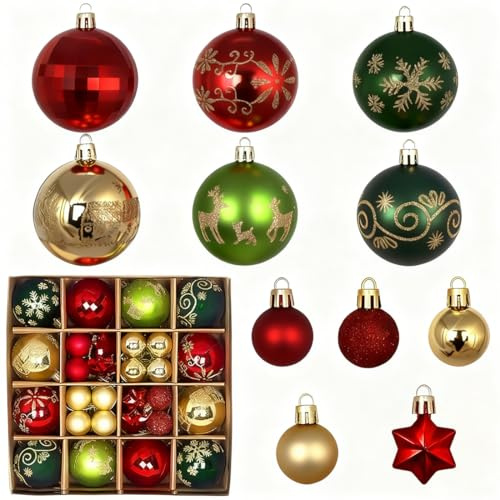 44 Stück Christbaumkugeln Rot Grün Gold,6CM/3CM Weihnachtskugeln Set Kunststoff mit Aufhängen Bruchsicher Ornamente Weihnachtsbaum Kugeln Weihnachtsbaumschmuck für Weihnachtsdeko Innen Aussen