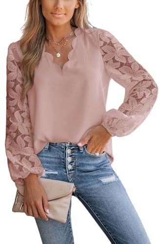 CUPSHE Camicetta elegante da donna in pizzo floreale smerlato, top, manica lunga, scollo a V
