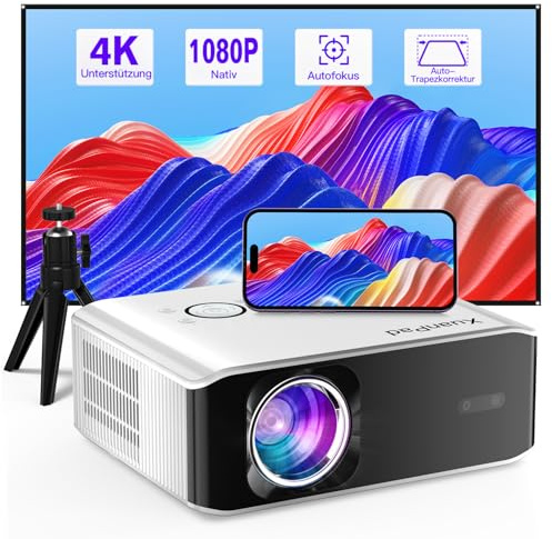 [Autofokus/Trapezkorrektu] Beamer 4K unterstützt, XuanPad Nativer 1080P 6G WiFi Bluetooth Beamer, 30000L Outdoor/Heimkino Video Projektor mit Stativ für iOS/Andriod/TV Stick