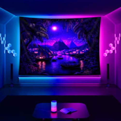 Arsey Schwarzlicht Wandteppich Psychedelic Ägyptische Pyramiden Nacht, UV-Reaktive Wandbehang Stoff, Aesthetic Wandtücher Deko für Wohnzimmer Schlafzimmer, Lila 200 x 150 cm