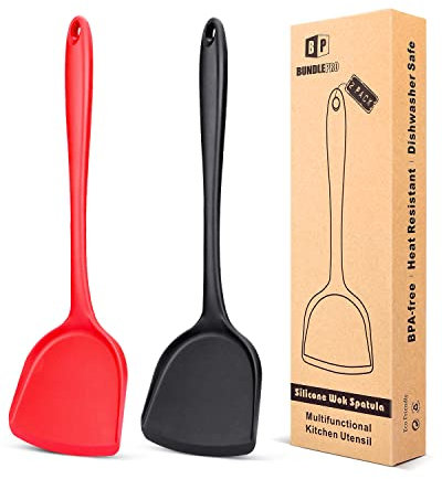 Pack of 2 Silicone Wok Spatula, Non-Stick, Heat, Stain and Odor Resistant, Easy to Clean and Dishwasher Safe, Seamless Kitchen Utensil for Cooking, Baking, Stir-Fry (Black-Red)