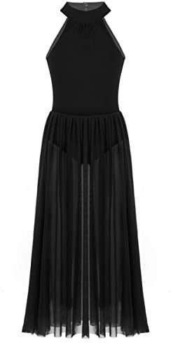 iiniim Kinder Mädchen Ballettkleid Ballett Trikot Tanz-Body mit Mesh Langes Rock Gymnastik Turnanzug Tanzkleid Gr.104-176 A Schwarz 152