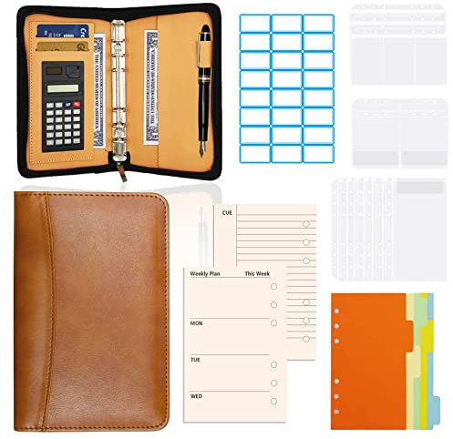 LSAMA Budget Planner, A6 PU Leder Portfolio mit Geldumschlag Rechner, 6-Ring Notebook Binder Budget Ordner, Reißverschluss Geld Organizer