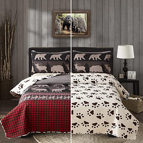 Rustikales Bettwäsche-Set für Doppelbett, kariert, Bettwäsche, Landhaus-Tagesdecke, leicht, wendbar, Hüttenstepp, Bär, Elch, rustikales Bettset,schwarz kariert, Bären-Bettwäsche für alle Jahreszeiten