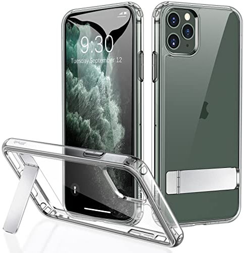 JETech Hülle Kompatibel mit iPhone 11 Pro Max 6,5 Zoll mit Ständer, Unterstützung Kabelloses Laden, Dünne Stoßfeste Stoßstange Handyhülle, 3-Wege-Metallständer (Durchsichtig)