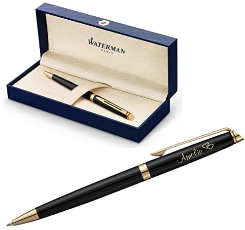 Waterman Hémisphère Kugelschreiber mit Gravur | Geschenk für Mann und Frau | inspiriert von Pariser Mode | personalisiert | graviert | Blaue Tinte (Lack-Schwarz G.C., Kugelschreiber)