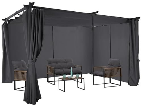 IDMarket – Pergola edición limitada Techo retráctil 3x4 M y 4 cortinas, color gris antracita