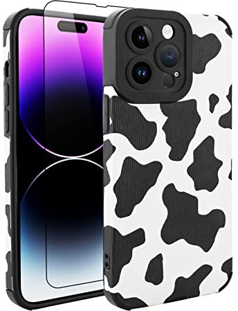 Wlxee [3 in 1 Cow Print Case for iPhone 14 Pro Case Cow Pattern Black White Design Tire Texture Non-Slip + Soft TPU Bumper Anti-Slip Ultra Thin Cover Protective Shockproof Case for iPhone 14 Pro
