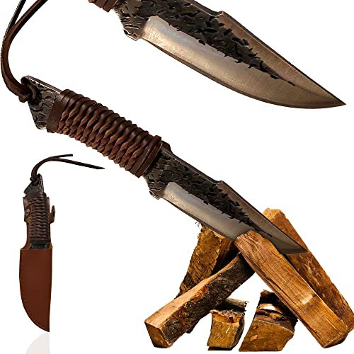 YOUR LIVING ART Couteau de chasse forgé à la main dans le style celtique - lame tranchante et pointue avec étui en cuir véritable, Viking, couteau d'extérieur, camping, de survie à lame fixe