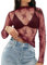 MEROKEETY Womens 2025 Lace Mesh Sheer Long Sleeve Top Sexy Y2k Mock Neck See Through Shirt Blouses, Burgundy, M