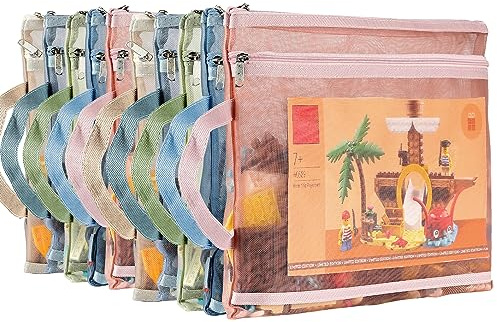 TrueLux 10 Pack Colored Mesh Zipper Pouch Bags, Double-Layer Nylon Puzzle Building Block Sets Toy Storage & Organization, Breathable See Through A4 Zipper Pouch with Handle for School Games