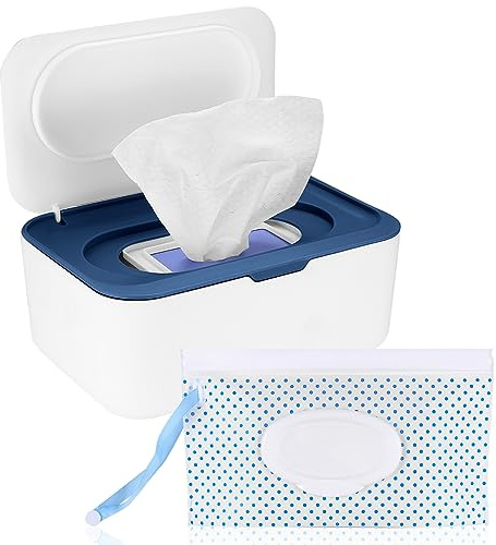 Wet Wipes Dispenser Box, Napkin Storage Holder Container Box, Dustproof Toilet Tissue Paper Box with Lid, Baby Wipes Dispenser for Home Office Desk, with a Mask Storage Organizer Case Box (Blue)