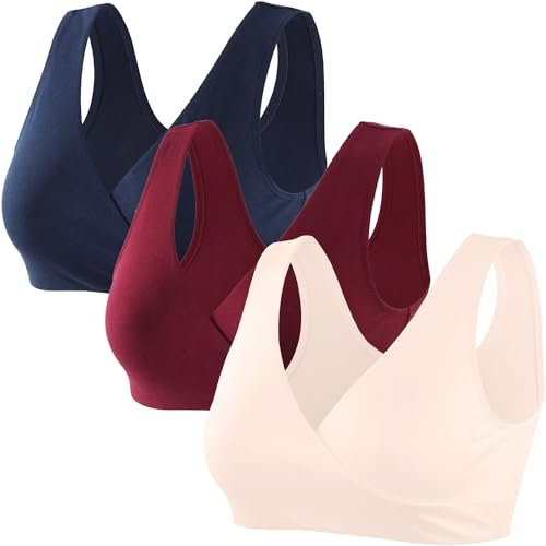 ZUMIY Nahtloser Still BH ohne Bügel, Maternity Nursing Bras Schwangerschafts-BH und Stillzeit Unterwäsche Stillen und Schlaf Ohne Bügel für Damen (L,Navy Blue+Red Wine+Apricot/3pack)