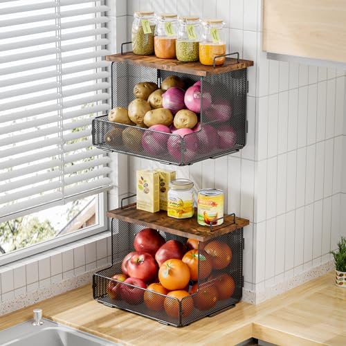 HapiRm Obstkorb Hängend Küchen Organizer - 2 Etagere Obstkorb mit Holzdeckel, Hängekorb Küche Stapelbar & Wandmontierbar für Gemüse, Obst Aufbewahrung, Snacks und Zwiebel Aufbewahrung