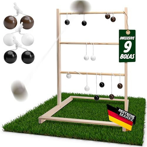 KIDSWARE® Leitergolf Wurfspiel [Outdoor & Indoor] - hochwertiges Leiterspiel aus Holz für Erwachsene & Kinder ab 3 Jahren - Spiele-Set mit Leiter inkl. Punkteskala, 9 Bolas & Tasche, 55x75 cm