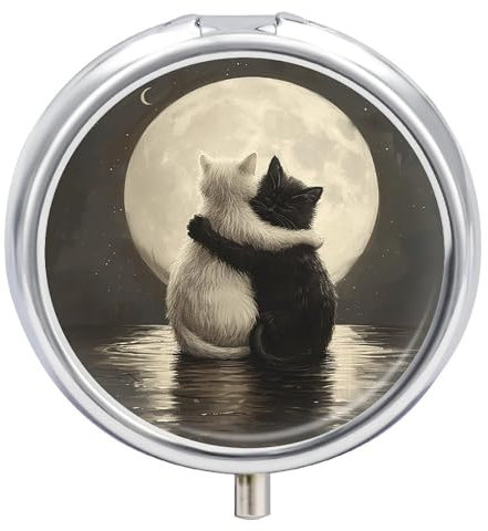 Pillendose mit 3 Fächern, rund, klein, Metall, Pillendose für Reisen, Katze, Umarmung in Wasser, täglicher Pillenbehälter, tragbarer Medizin-Organizer für Vitamine, Nahrungsergänzungsmittel,