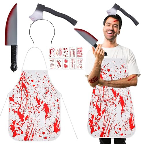 WYFDCZZP Metzger-Kostüme für Halloween,Halloween-Kostüm,Axt Haarreif mit Blut Halloween,blutige Schürze,Herren, Erwachsene und Teenager, Einheitsgröße,trendiges Kostüm 2024 Trending Kostüm