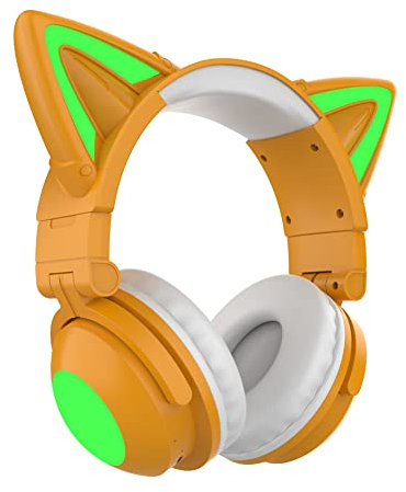 LQZO Cat Ear Headphones, Over-ear Headphones for Android/iOS Cell Phone PC TV, Bluetooth 5.0, Built-in Microphone Lightweight Foldable,Yellow