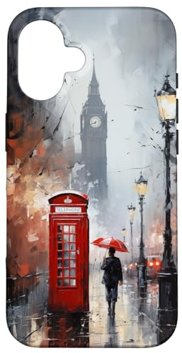 Handyhülle, Motiv „Wet London“, Motiv: Rote Telefonzelle, Uhrturm Hülle für iPhone 16