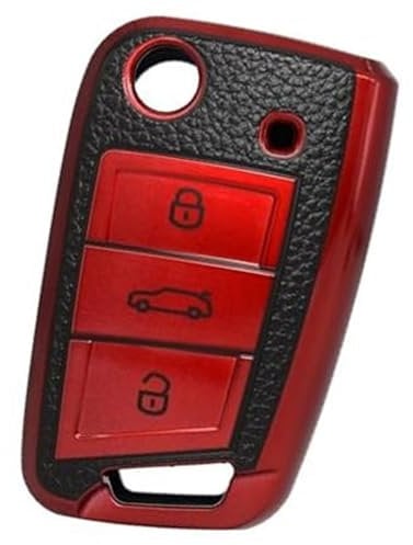 MUEOSI 3 Buttons Car Key Cover, for VW, for Golf, 7, for POLO, for Passat, for Seat, Ibiza Leon, for Skoda, for Octavia, Fabia Folding Remote Fob TPU Leather car key shell