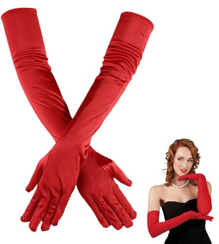 Eophmi Long Red Gloves - 1920s Elbow Length Satin Gloves for Wedding, Prom, Opera, Christmas (21 inches)