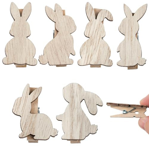 BETESSIN Osterhase Deko Holz - 24 Stück Holzklammern mit Hasen Motiv - Osterdeko Holz - Fotoklammern für Osterdekoration zum Basteln von Osternestern, Geschenken, Karten uvm.