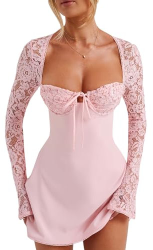 Women Hollow Out Mini Dress Long Sleeve Backless Low-Cut Tie-up Lace Patchwork Cocktail Dress Lace Up Dress (Pink, M)