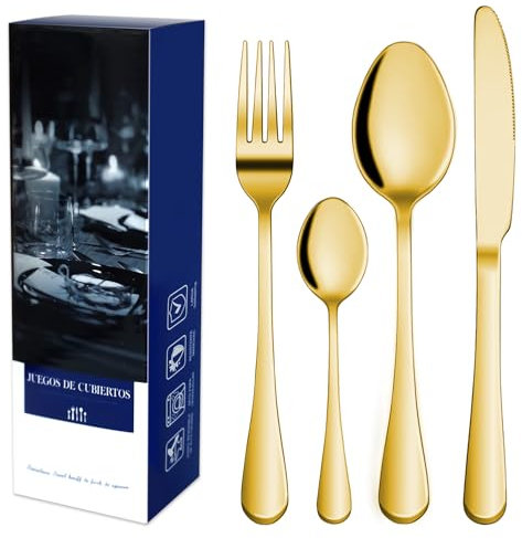 Myetasser Premium Edelstahl Besteckset 24tlg 6 Personen (6x Messer/Gabeln/Löffel) - Spülmaschinenfest, Hochglanzpolitur - Modernes Design in Gold