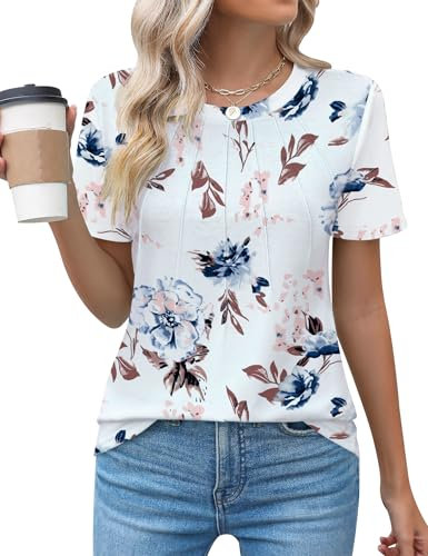 Chicrise Tshirt Damen Sommer Kurzarm Rundhals Pleated Lässige Oberteile Elegant Einfarbig Basic Strick locker Bluse WeiB Blumenmuster 3X Groß 56-60