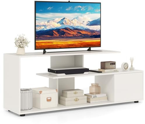 COSTWAY Mobile Porta TV, per TV Fino a 55'', Console Media a 3 Ripiani Asimmetrici con Ripiani di Stoccaggio e Armadietto, Mobile TV con Cassetto, 5 Gambe di Supporto (Bianco)