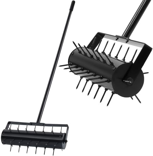 WYDHven Rollender Rasenbelüfter mit 42 verstärkten Stahlspikes, robustes manuelles Rasen- und Hofbelüfterwerkzeug, vormontierter Push-Grasbelüfter mit verstellbarem Griff für Gartenerde