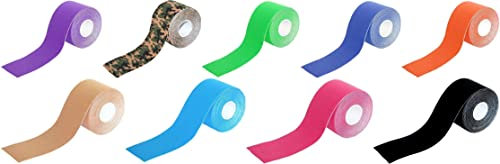 Tapefactory24 9 Rollen KINESIOLOGIE Tape 5 cm x 5 m Blau, Pink, Beige, Schwarz, Marine, Grün, Orange, Lila, Camouflage