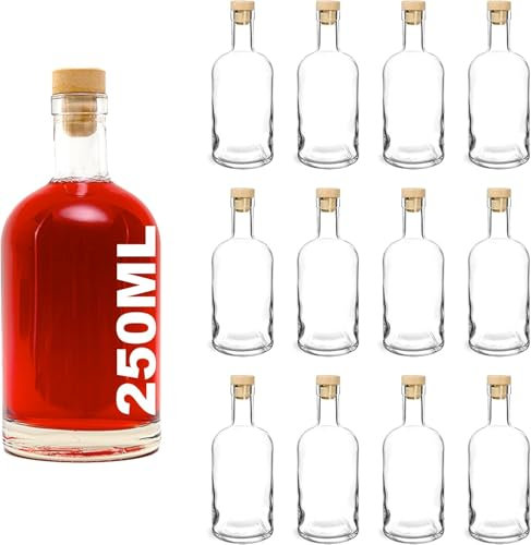 casavetro Lot de 6, 12, 24 Bouteilles de 250 ML de Pharmacie vides en Verre avec Bouchon en liège Bouteille de vin à Liqueur, vinaigre, Huile Bouteilles en Verre 0,25 l (12 x 250 ML)