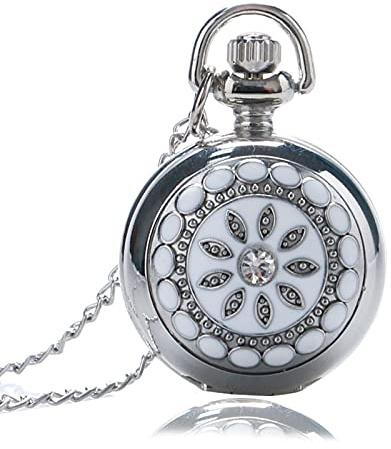 SSJIA Argent Blanc Céramique Fleur Cristal Quartz Montre De Poche Collier Pendentif Femmes Dame-par défaut