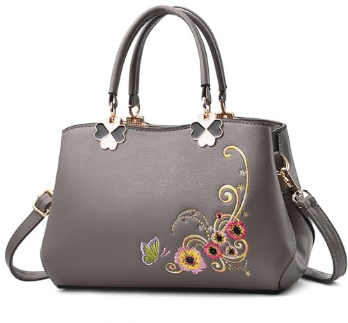 VARLIVOO Elegant Damen Handtaschen Stickerei Schultertaschen Frauen Umhängetasche Taschen Reisen Shopper Taschen Damen Taschen Crossbody Bag Arbeit Reisen PU Leder Grau C